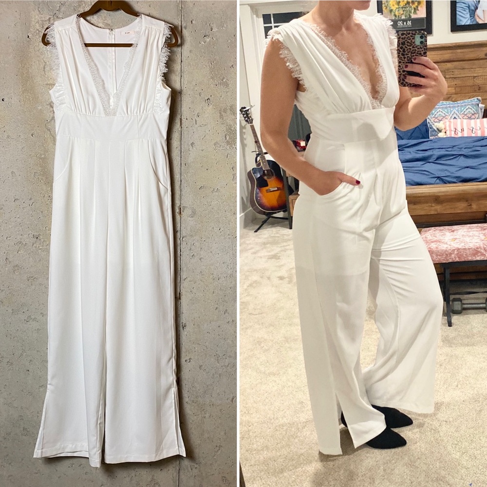Miami lace v neck white wide leg jumpsuit